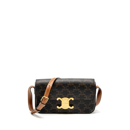 Celine Triomphe Shoudler Purse Triomphe Canvas/Calfskin Tan