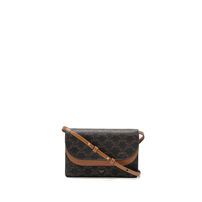 Luxury CELINE Wallet On Strap Triomphe Canvas/Lambskin Tan GHW