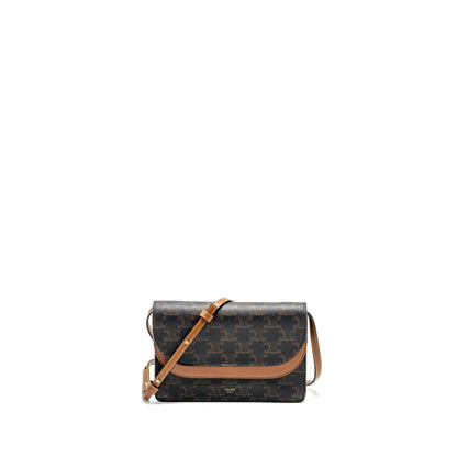 Luxury CELINE Wallet on strap Triomphe Canvas / Smooth Lambskin Tan