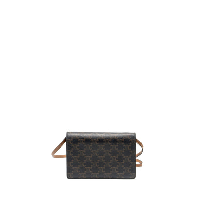 Luxury CELINE Wallet on strap Triomphe Canvas / Smooth Lambskin Tan