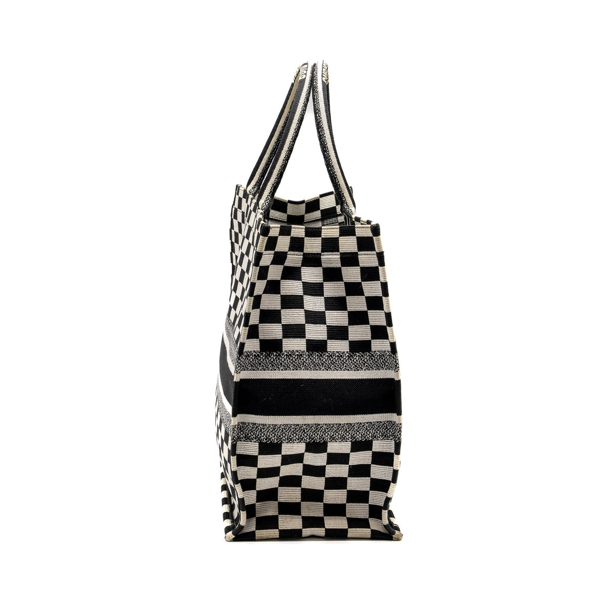 Dior Large Book Tote White Checkered Embroidered Canvas Black / White Rovelle Bags