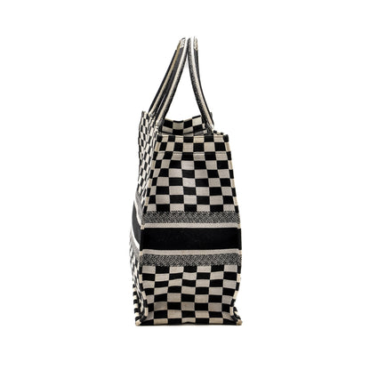 Dior Large Book Tote White Checkered Embroidered Canvas Black / White Rovelle Bags