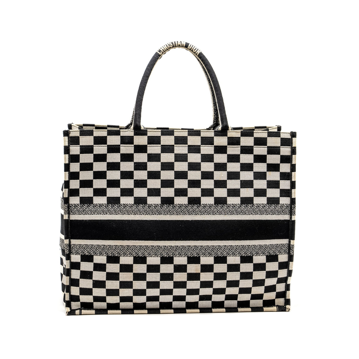 Dior Large Book Tote White Checkered Embroidered Canvas Black / White Rovelle Bags