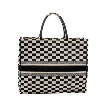 Dior Large Book Tote White Checkered Embroidered Canvas Black / White Rovelle Bags