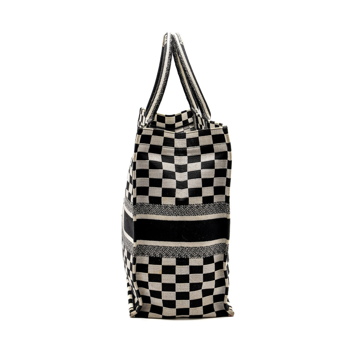 Dior Large Book Tote White Checkered Embroidered Canvas Black / White Rovelle Bags