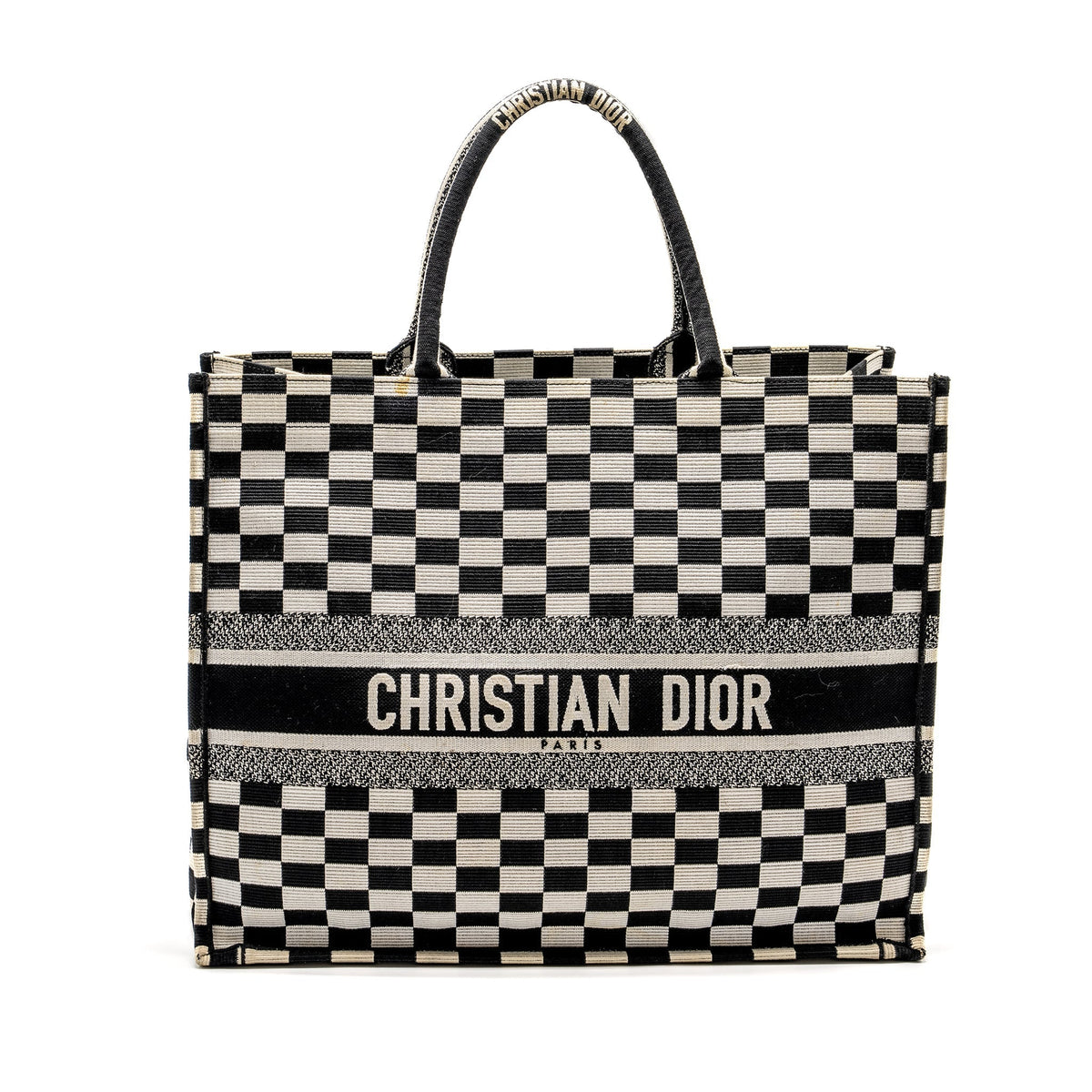 Dior Large Book Tote White Checkered Embroidered Canvas Black / White Rovelle Bags