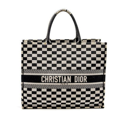 Dior Large Book Tote White Checkered Embroidered Canvas Black / White Rovelle Bags