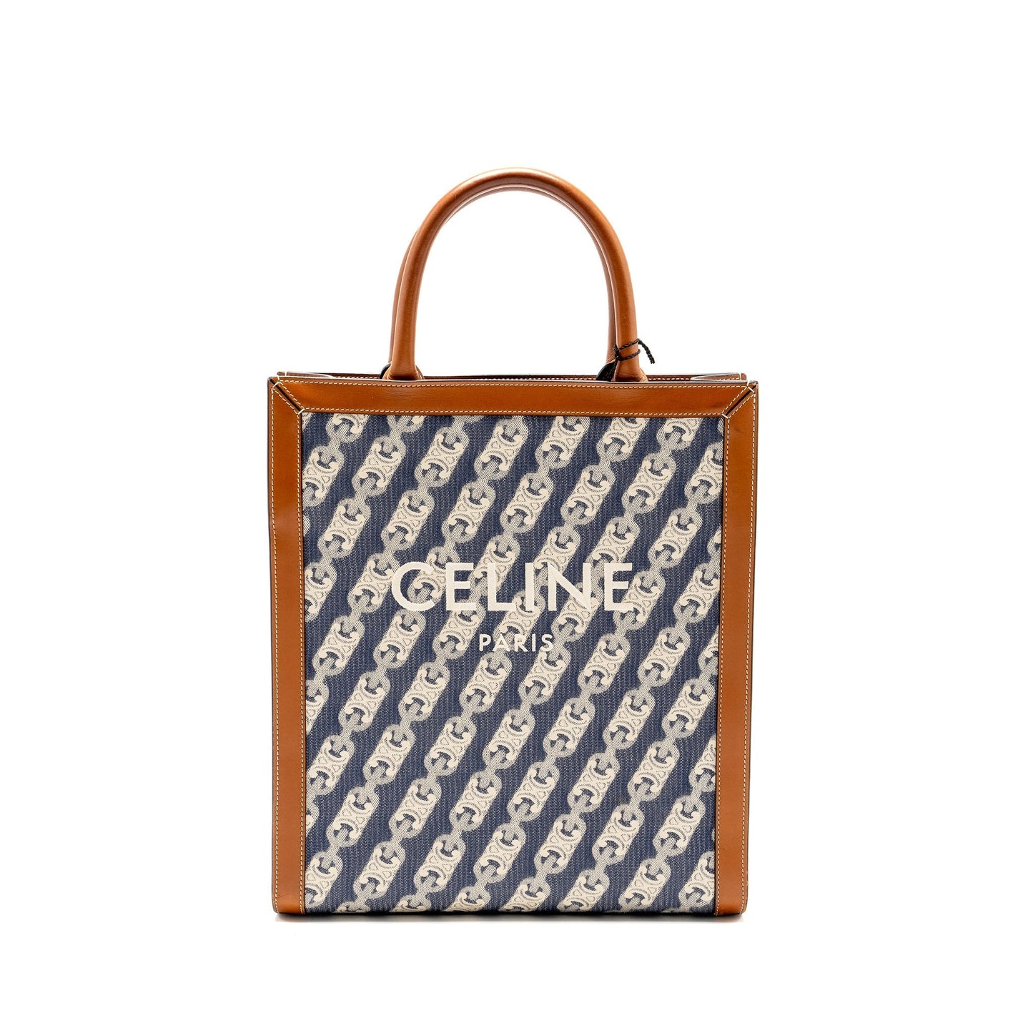 Luxury CELINE Vertical Cabas Tote in Triomphe Denim /Leather Navy/Tan GHW