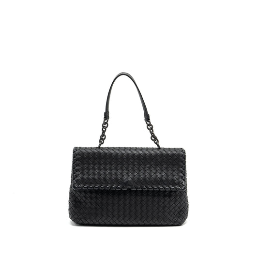 Bottega Veneta Single Chain Flap Purse Leather Black with Black Hardware