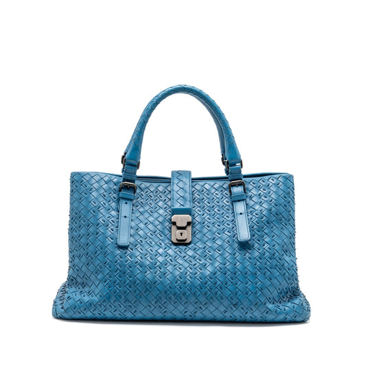 Bottega Veneta Intrecciato Roma Large Tote Purse Leather Blue Black Hardware