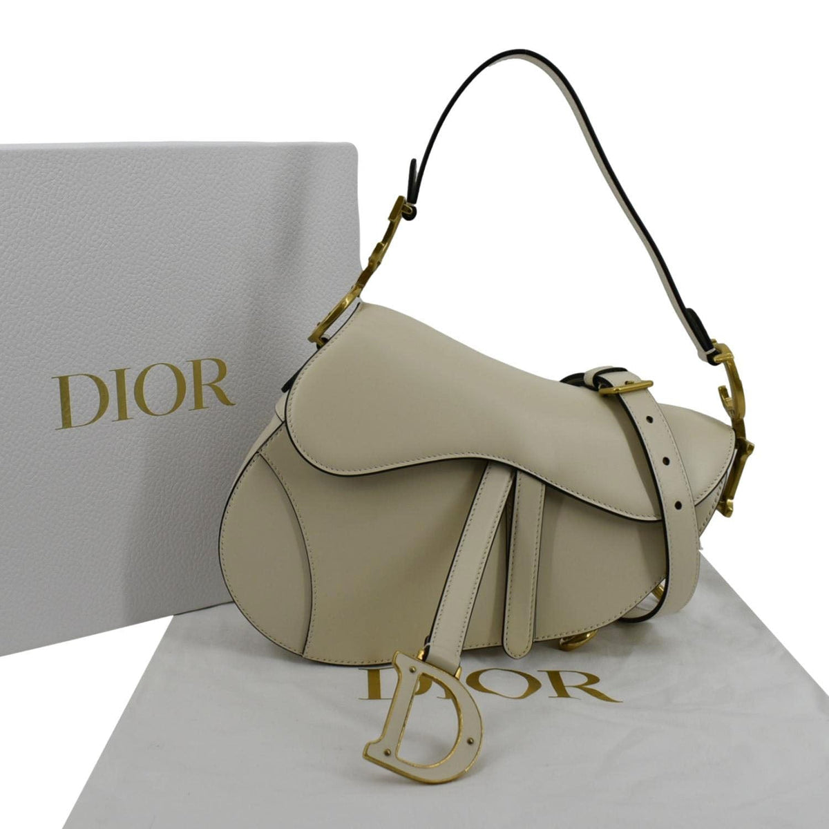 CHRISTIAN DIOR Saddle Smooth Calfskin Leather Satchel Shoulder Bag Dusty Ivory Rovelle Bags