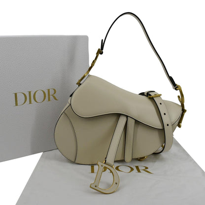 CHRISTIAN DIOR Saddle Smooth Calfskin Leather Satchel Shoulder Bag Dusty Ivory Rovelle Bags