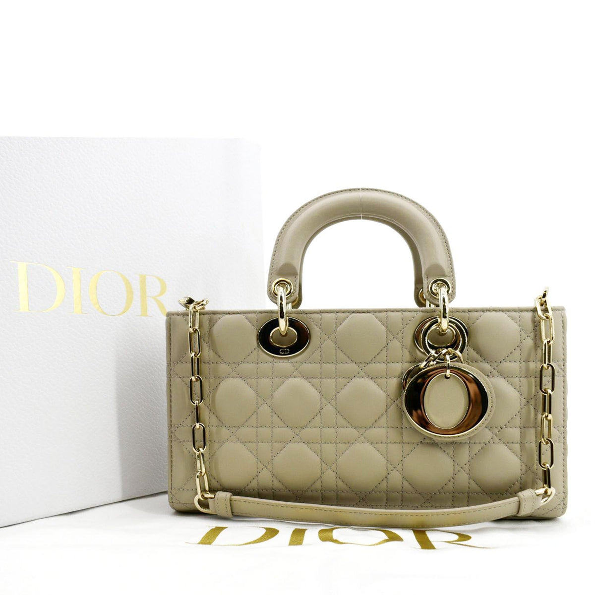 CHRISTIAN DIOR Lady D-Joy Medium Cannage Lambskin Chain Shoulder Bag Sand Rovelle Bags