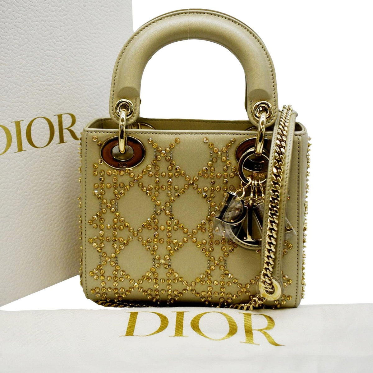 CHRISTIAN DIOR Mini Lady Dior Lambskin Leather Shoulder Bag Platinum Metallic Rovelle Bags