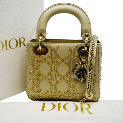 CHRISTIAN DIOR Mini Lady Dior Lambskin Leather Shoulder Bag Platinum Metallic Rovelle Bags