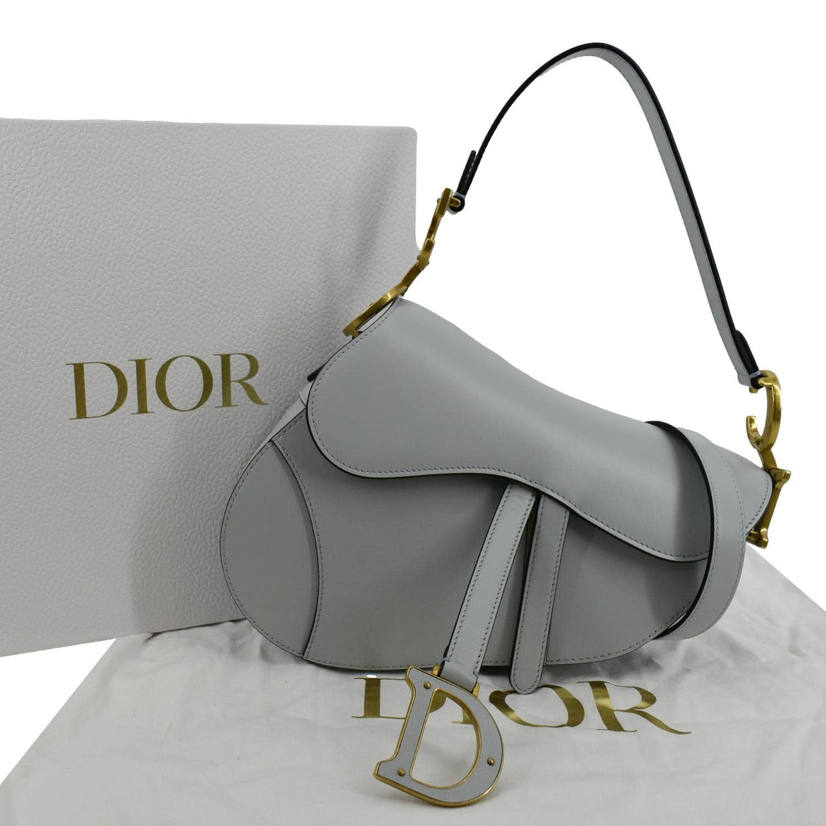 CHRISTIAN DIOR Saddle Smooth Calfskin Leather Satchel Shoulder Bag Placid Blue Rovelle Bags