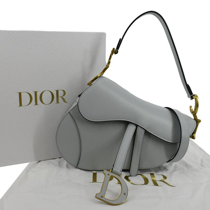 CHRISTIAN DIOR Saddle Smooth Calfskin Leather Satchel Shoulder Bag Placid Blue Rovelle Bags