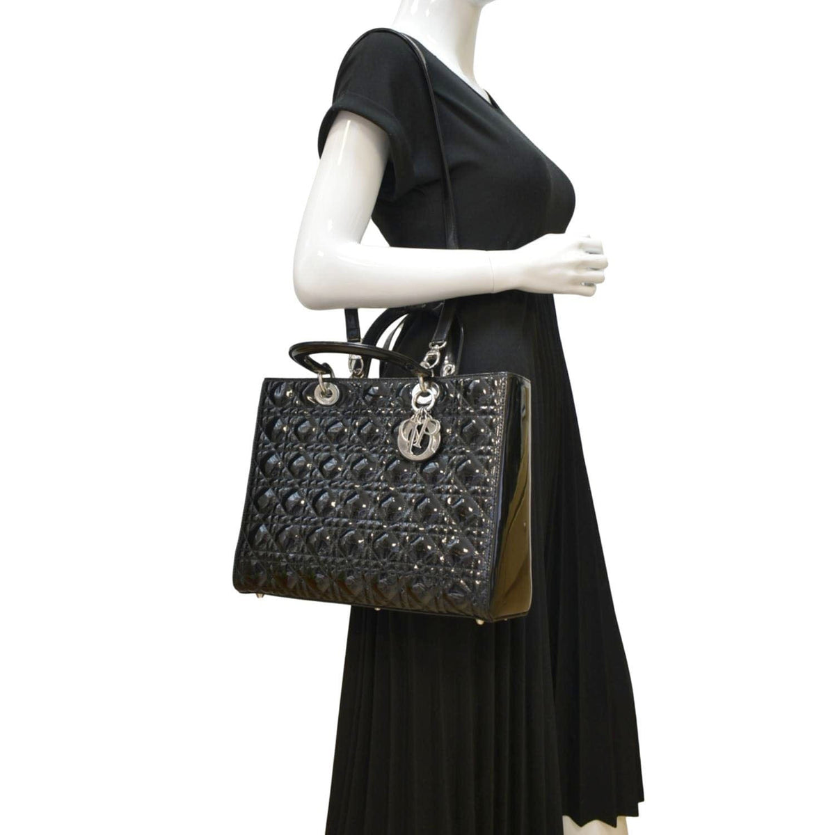 CHRISTIAN DIOR Lady Dior Large Quilted Patent Leather Shoulder Bag Black Rovelle Bags