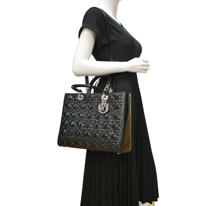 CHRISTIAN DIOR Lady Dior Large Quilted Patent Leather Shoulder Bag Black Rovelle Bags