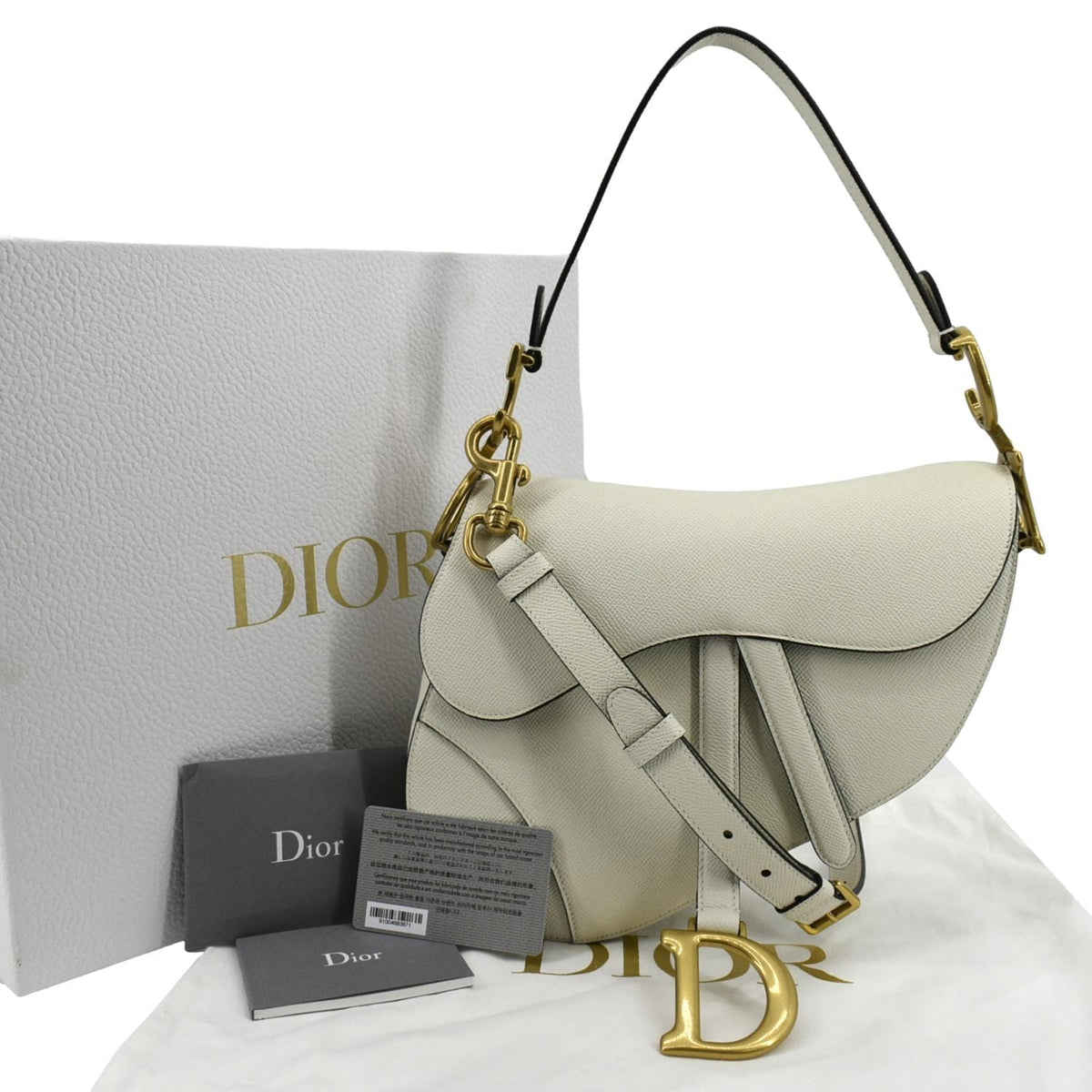 CHRISTIAN DIOR Saddle Grained Calfskin Leather Shoulder Bag Ivory Rovelle Bags