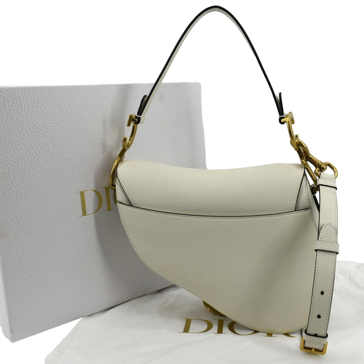 CHRISTIAN DIOR Saddle Grained Calfskin Leather Shoulder Bag Ivory Rovelle Bags