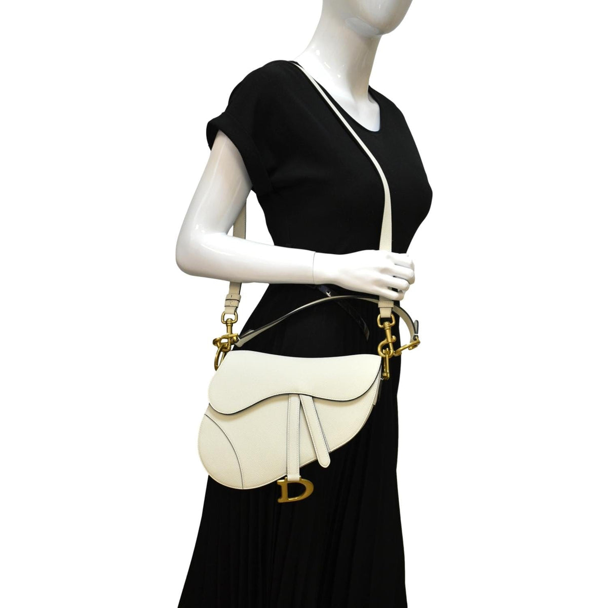 CHRISTIAN DIOR Saddle Grained Calfskin Leather Shoulder Bag Ivory Rovelle Bags
