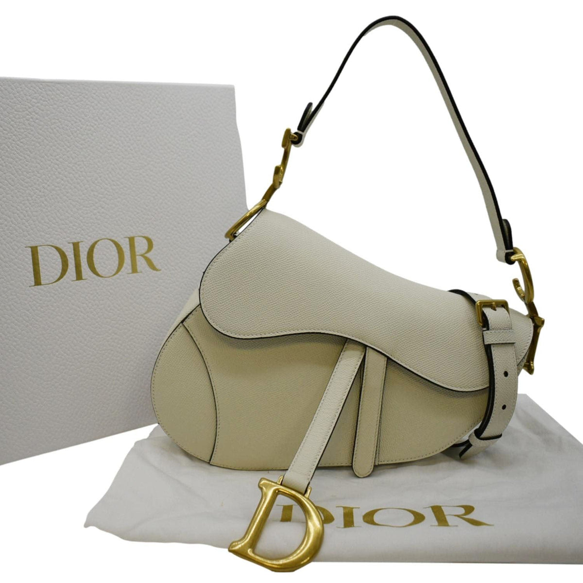 CHRISTIAN DIOR Saddle Grained Calfskin Leather Satchel Shoulder Bag Ivory Rovelle Bags