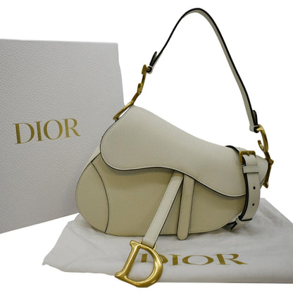 CHRISTIAN DIOR Saddle Grained Calfskin Leather Satchel Shoulder Bag Ivory Rovelle Bags