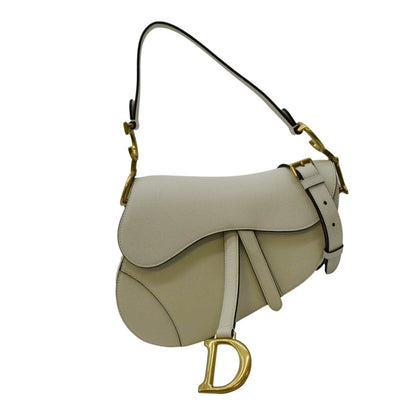 CHRISTIAN DIOR Saddle Grained Calfskin Leather Satchel Shoulder Bag Ivory Rovelle Bags