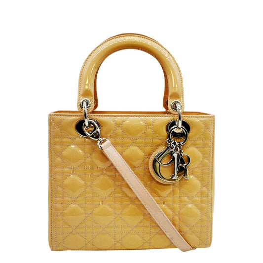 CHRISTIAN DIOR Medium Lady Dior Cannage Lambskin Leather Shoulder Bag Yellow Rovelle Bags