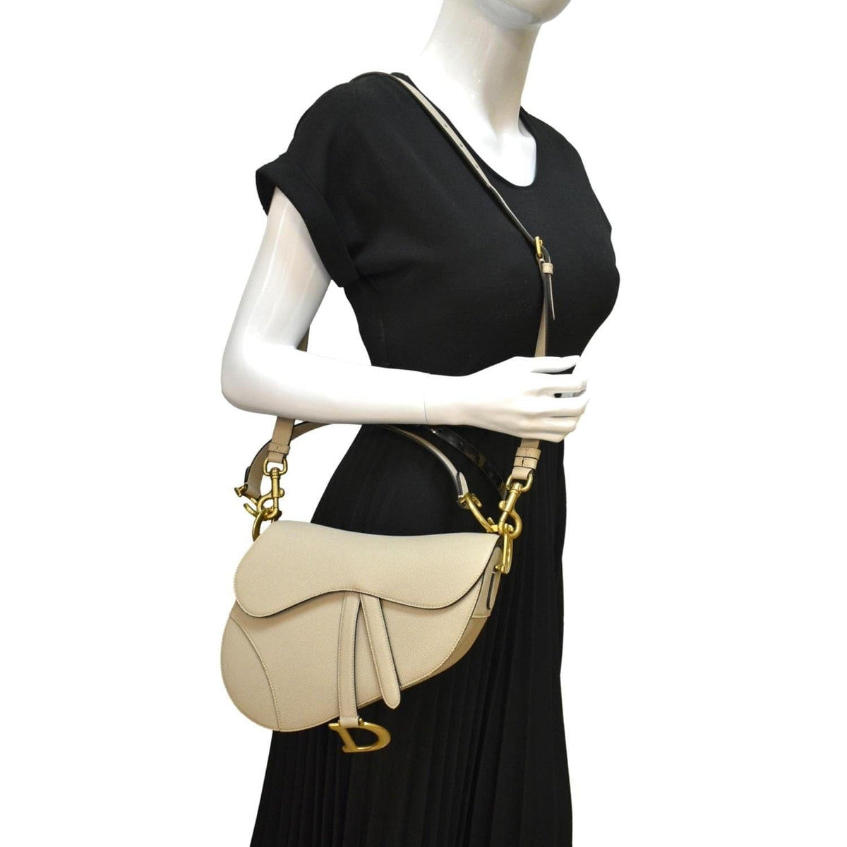 CHRISTIAN DIOR Saddle Grained Calfskin Leather Shoulder Bag Beige Rovelle Bags