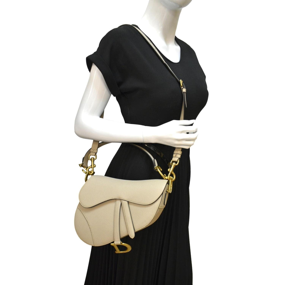 CHRISTIAN DIOR Saddle Grained Calfskin Leather Shoulder Bag Beige Rovelle Bags
