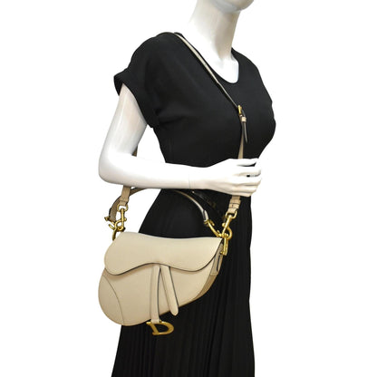 CHRISTIAN DIOR Saddle Grained Calfskin Leather Shoulder Bag Beige Rovelle Bags