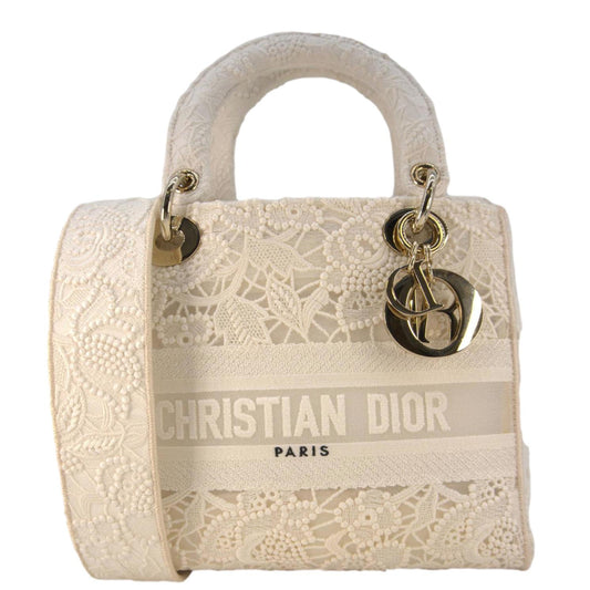 Christian Dior Lady Dior D-Lite Embroidered Canvas Shoulder Bag White Rovelle Bags