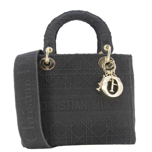 Christian Dior Lady Dior D-Lite Embroidered Canvas Shoulder Bag Black Rovelle Bags