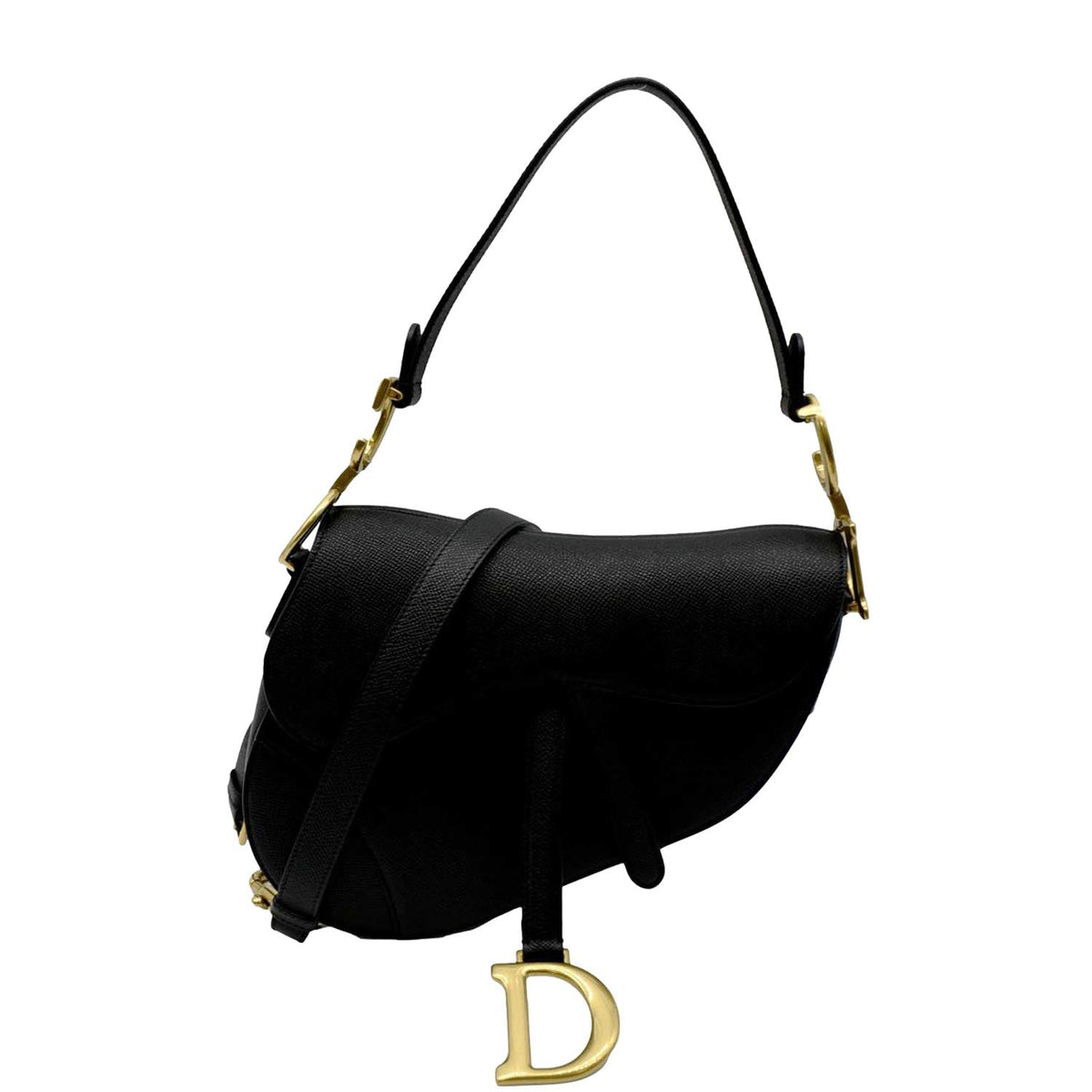 CHRISTIAN DIOR Saddle Grained Calfskin Leather Satchel Shoulder Bag Black Rovelle Bags