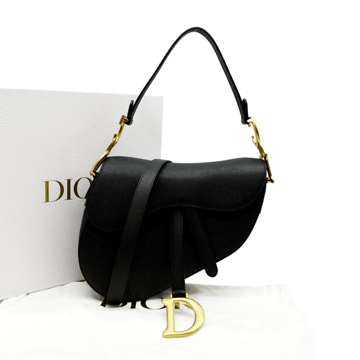 CHRISTIAN DIOR Saddle Grained Calfskin Leather Satchel Shoulder Bag Black Rovelle Bags