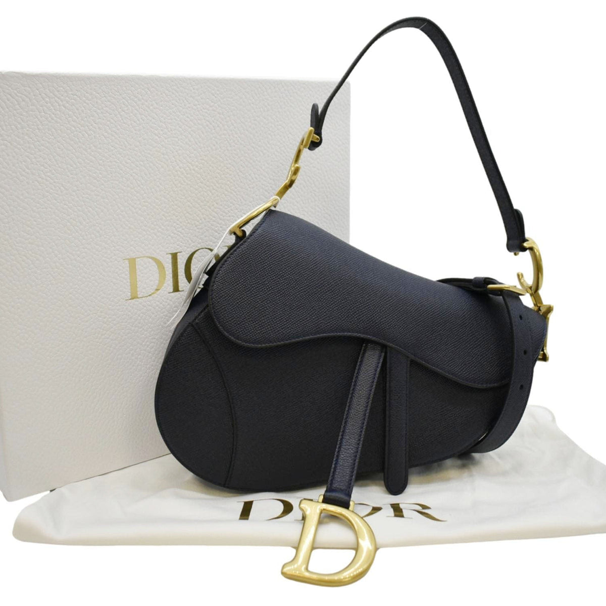 CHRISTIAN DIOR Saddle Grained Calfskin Leather Satchel Shoulder Bag Navy Blue Rovelle Bags