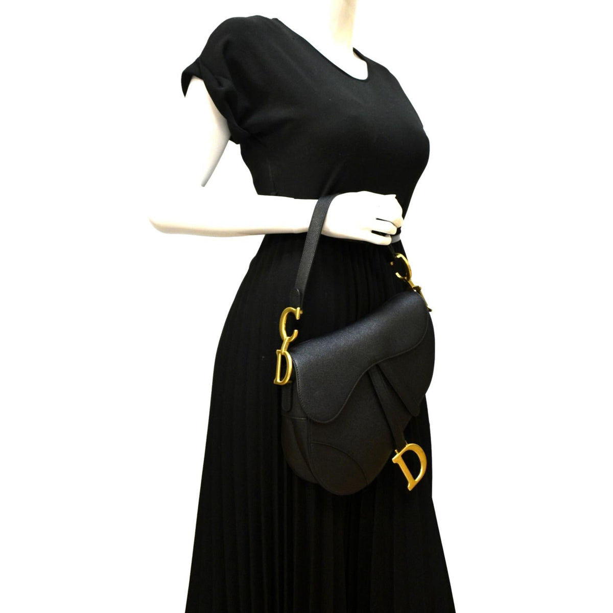 CHRISTIAN DIOR Saddle Grained Calfskin Leather Satchel Shoulder Bag Black Rovelle Bags