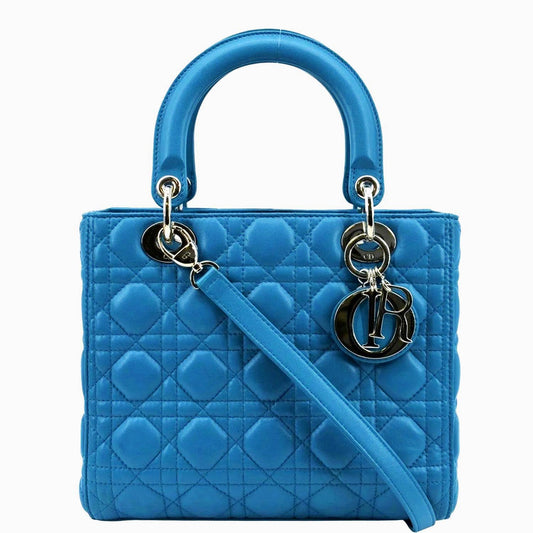 CHRISTIAN DIOR Medium Lady Dior Cannage Lambskin Leather Shoulder Bag Blue Rovelle Bags