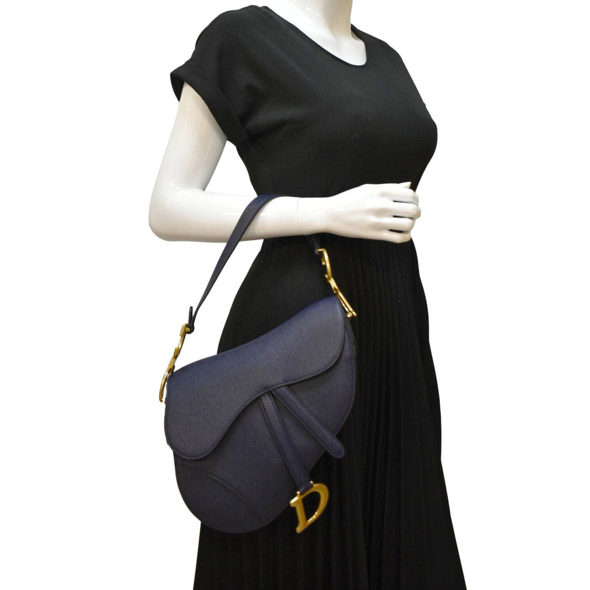 CHRISTIAN DIOR Saddle Grained Calfskin Leather Satchel Shoulder Bag Navy Blue Rovelle Bags