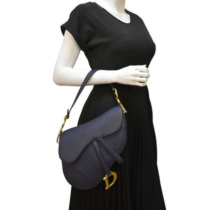 CHRISTIAN DIOR Saddle Grained Calfskin Leather Satchel Shoulder Bag Navy Blue Rovelle Bags
