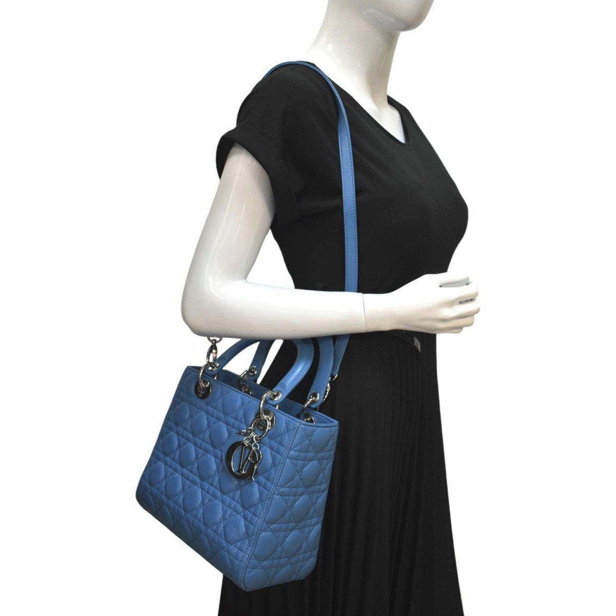 CHRISTIAN DIOR Medium Lady Dior Cannage Lambskin Leather Shoulder Bag Blue Rovelle Bags