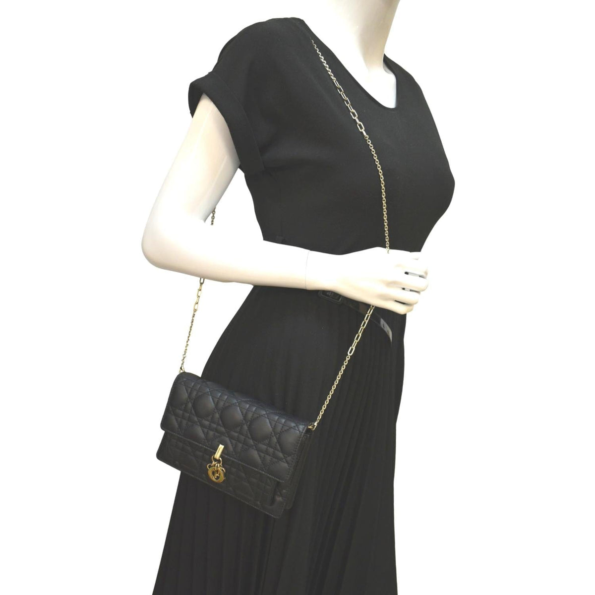 CHRISTIAN DIOR Lady Dior Leather Shoulder Chain Wallet Black Rovelle Bags