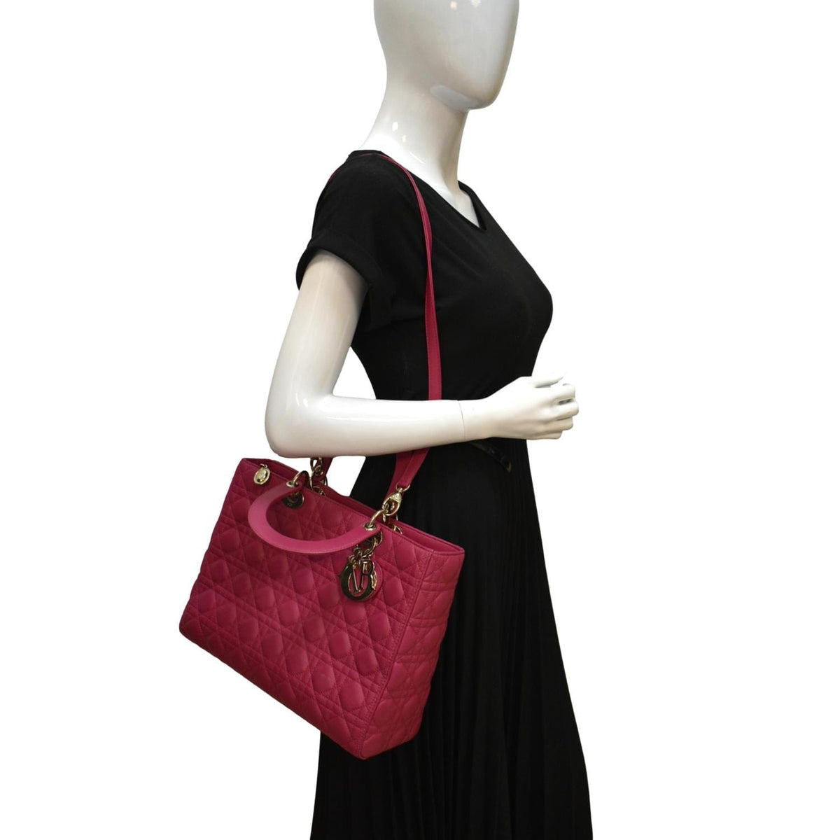 CHRISTIAN DIOR Large Lady Dior Cannage Lambskin Shoulder Bag Pink Rovelle Bags