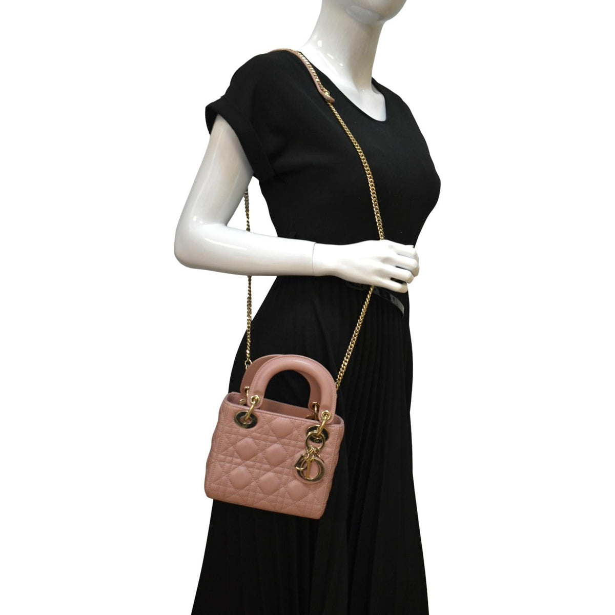 CHRISTIAN DIOR Mini Lady Dior Cannage Lambskin Leather Shoulder Bag Blush Rovelle Bags