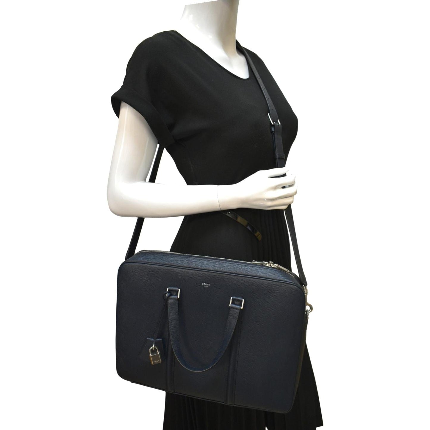 CELINE Grained Calfskin Leather Crossbody Briefcase Bag Navy Blue