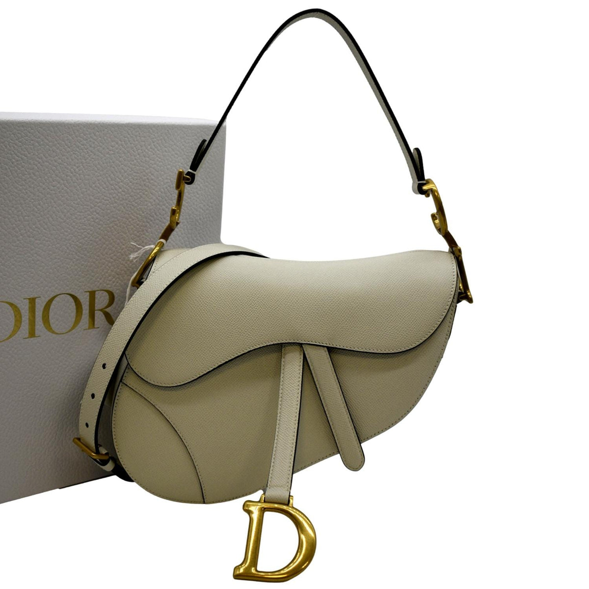 CHRISTIAN DIOR Saddle Grained Calfskin Leather Shoulder Bag Beige Rovelle Bags