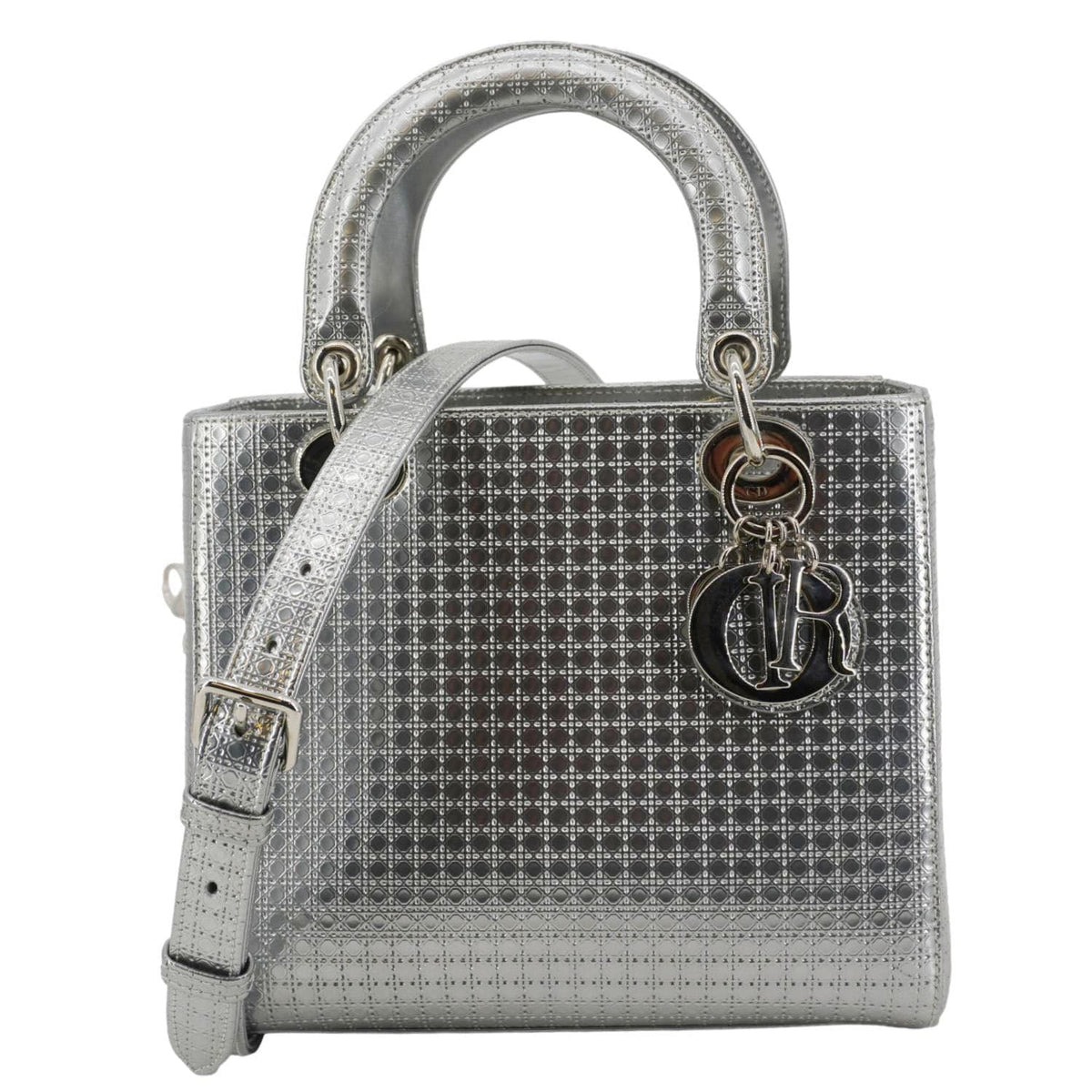 CHRISTIAN DIOR Lady Dior Medium Leather Shoulder Bag Metallic Silver Rovelle Bags