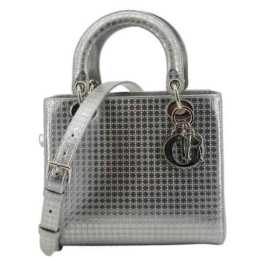 CHRISTIAN DIOR Lady Dior Medium Leather Shoulder Bag Metallic Silver Rovelle Bags